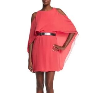 NWT Halston Heritage Georgette Cold Shoulder Belted Cape Coral Dress